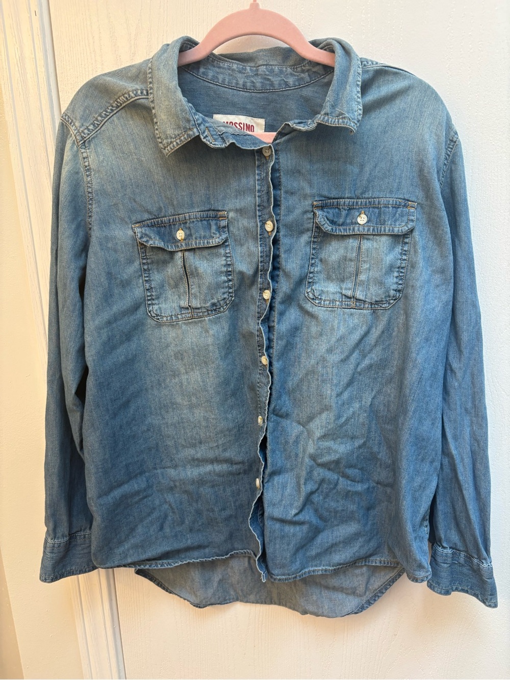 Mossimo Supply Co. Boyfriend Fit Denim Shirt in Medium Blue with Red Label